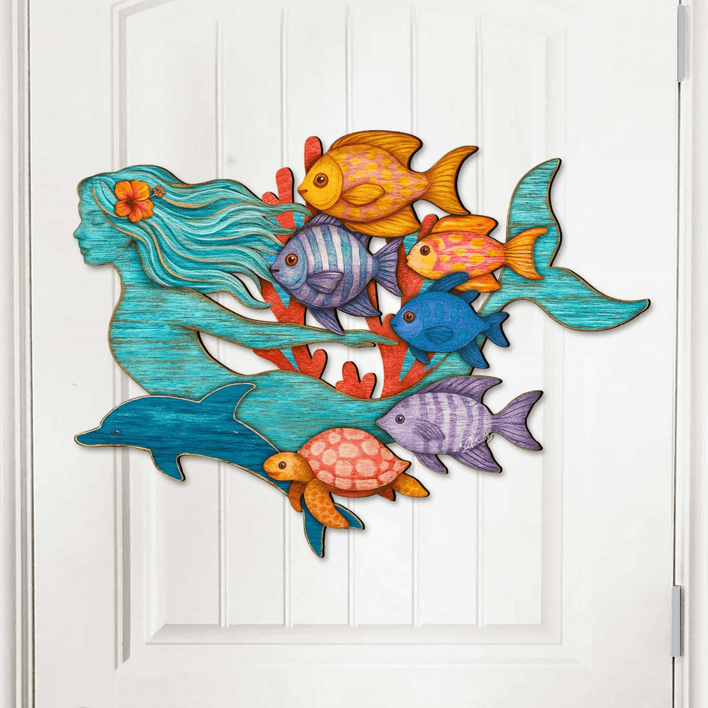 Tropical Mermaid Coastal Door Hanger - Handcrafted Underwater Friends Coastal Wall Art by G. DeBrekht - Coastal Holiday Decor - 81985144H - PhishStones Products