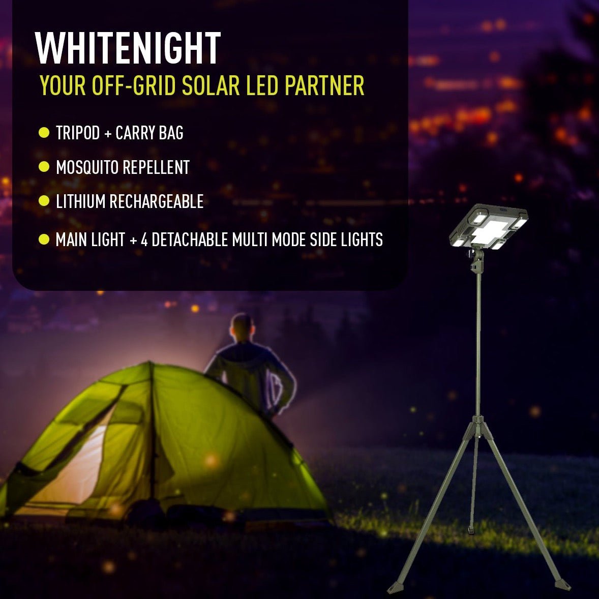 TRU De - LIGHT WHITENIGHT Multipurpose Solar / AC / DC - Garden, Camping Main Light + 3 Independent Detachable Multi Mode Side Lights / Tripod + Carrying Bag - PhishStones Products
