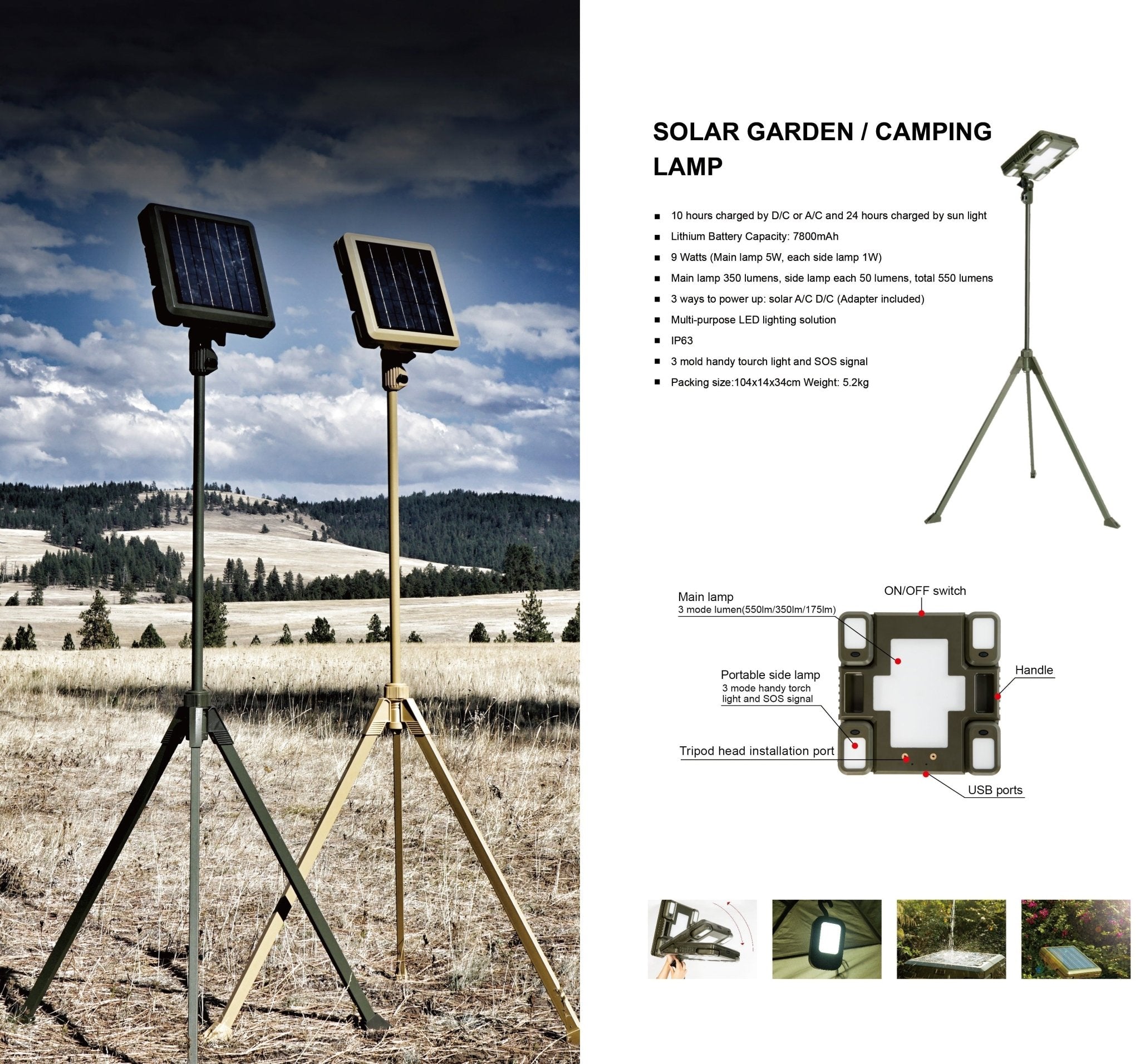 TRU De - LIGHT WHITENIGHT Multipurpose Solar / AC / DC - Garden, Camping Main Light + 3 Independent Detachable Multi Mode Side Lights / Tripod + Carrying Bag - PhishStones Products