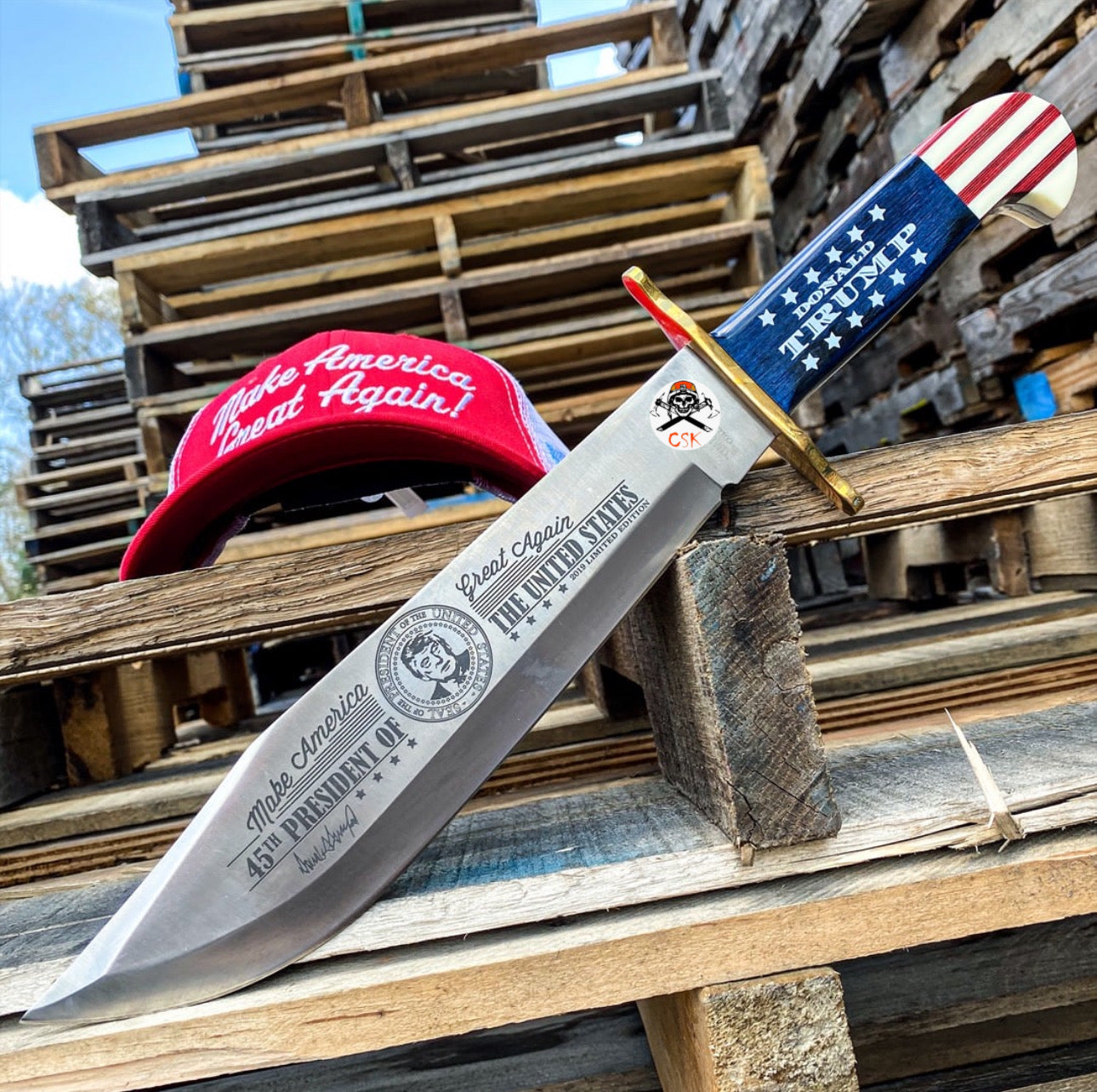 Trump Knife And Sheath - Stainless Steel Blade, Wooden Handle Scales, Brass Guard - Length 16” - PhishStones Products