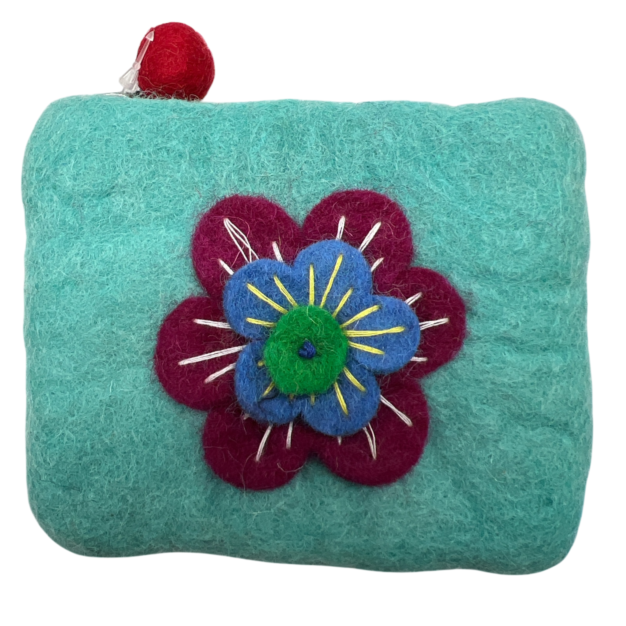 Felt Wool  Teal Coin Purse with Flower Applique