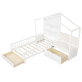 Twin Size House Bed Kids Platform Bed with Padded Bench-White