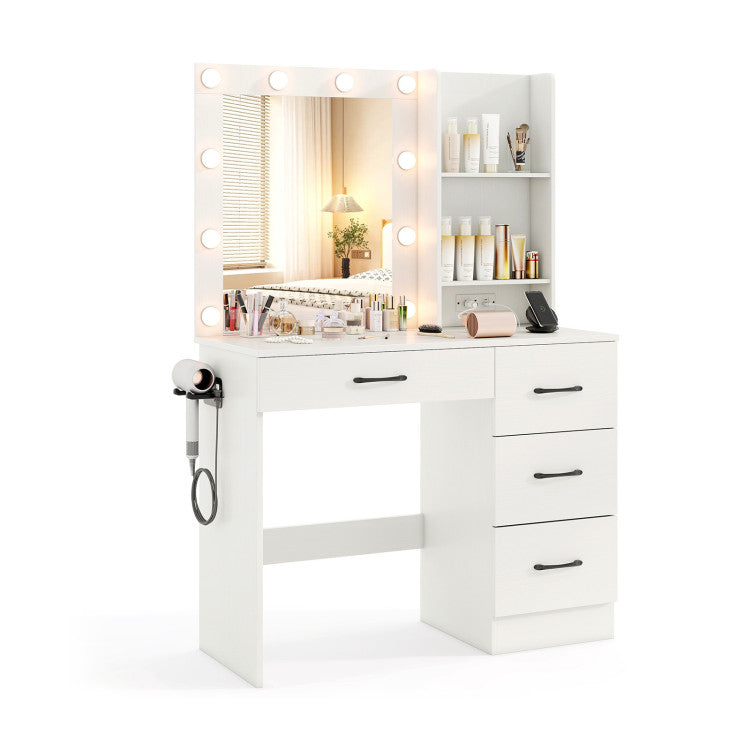 4-Piece Bedroom Furniture Set with Twin Size Bed Frame Entryway Bench Vanity Desk and Jewelry Armoire