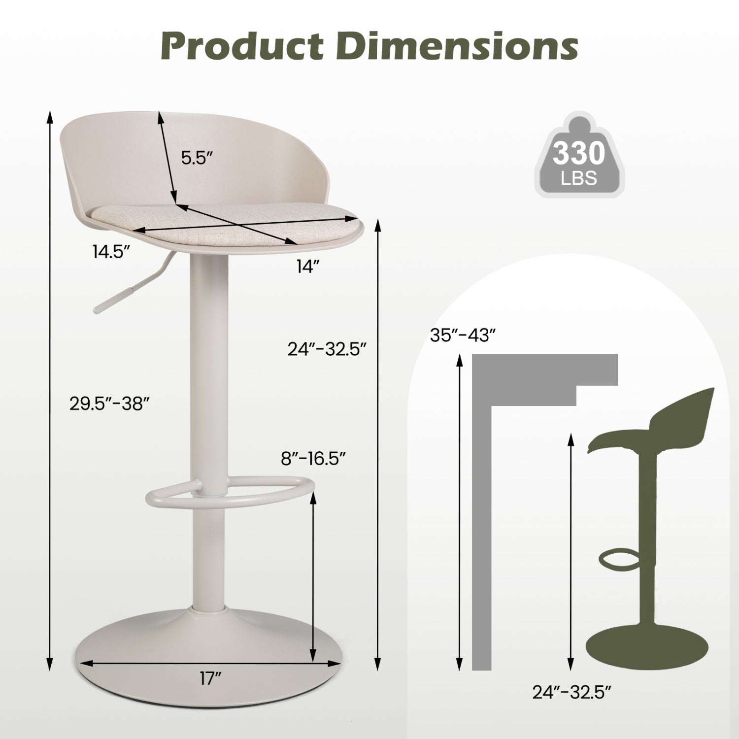 Adjustable Swivel Bar Stools Set of 2 with Back & Footrest