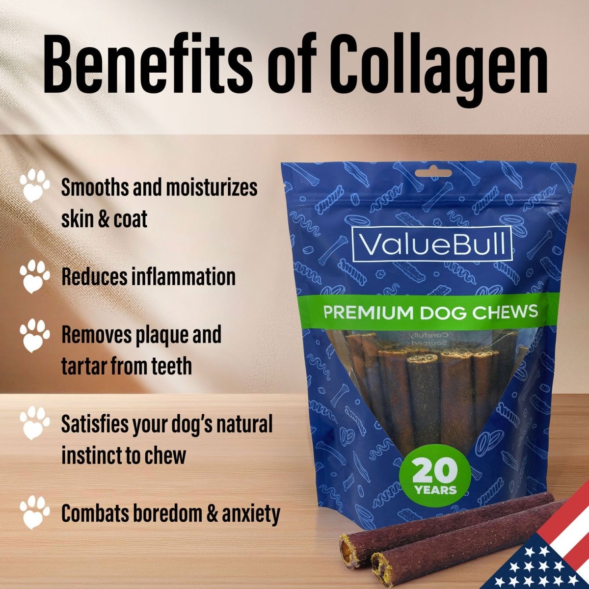 ValueBull USA Collagen Sticks for Dogs, 6 Inch Super Jumbo Chews, Natural Long-Lasting Dog Treats, 50 Count