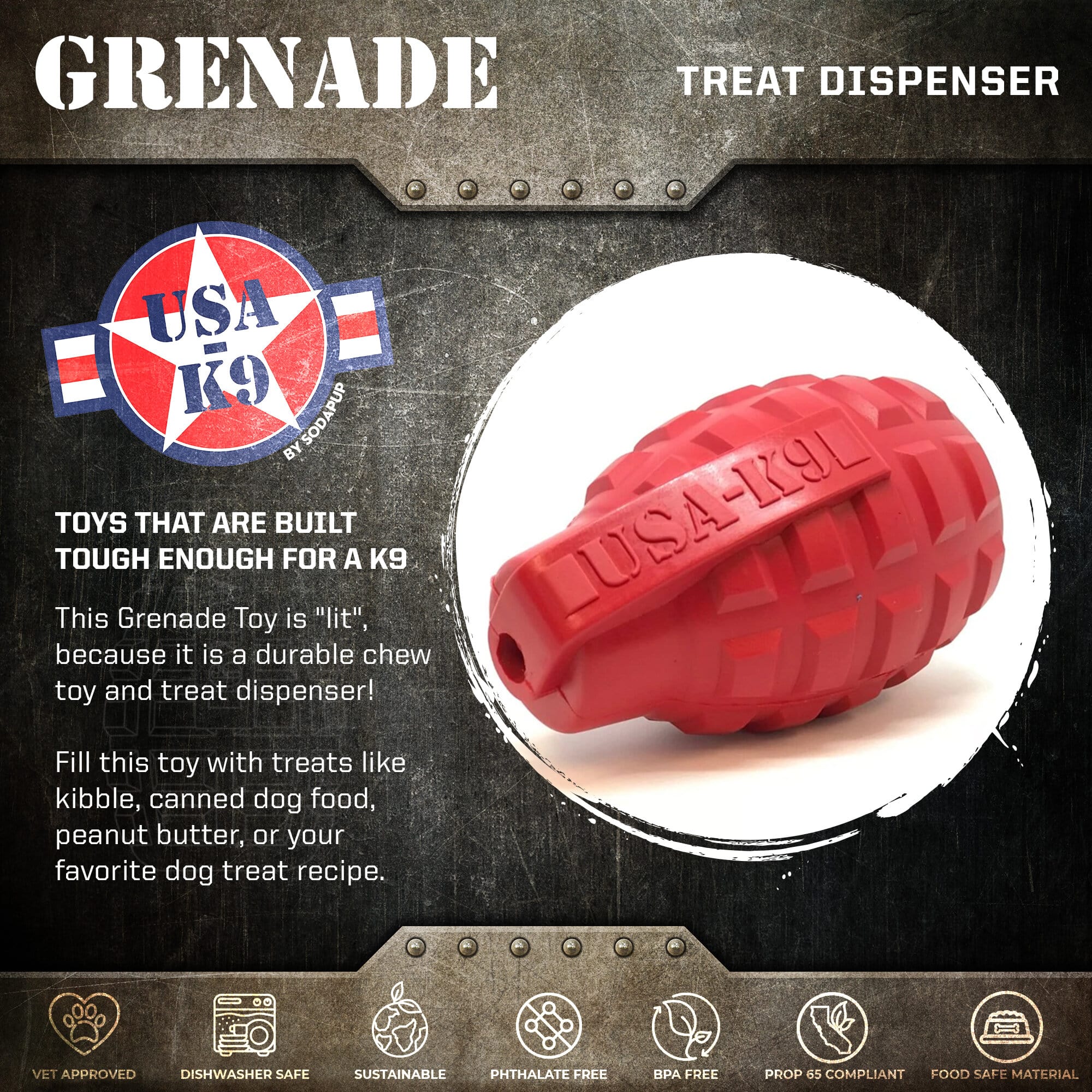USA - K9 Grenade Shaped eDispenser Durable Dog Chew Toy & Treat Dispenser - Magnum Black - PhishStones Products