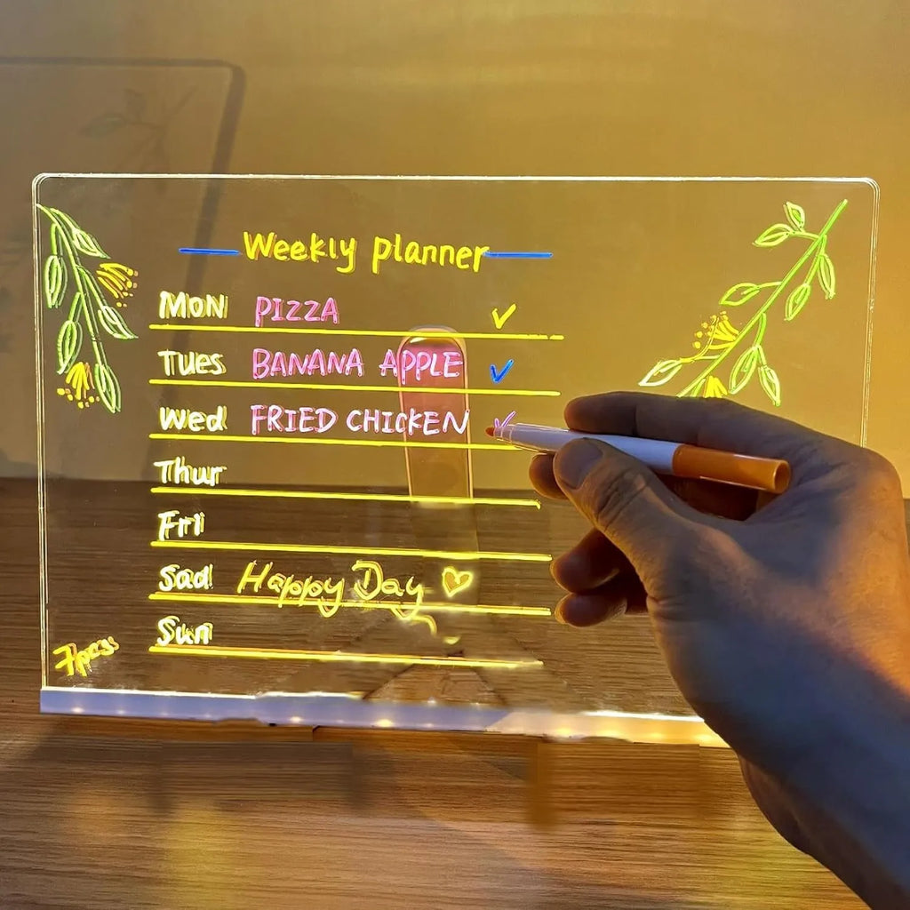 USB LED Acrylic Message Board Night Light with 7 Color Marker Pens — Rewritable Glowing Writing & Drawing Board for Home, Office & School - PhishStones Products