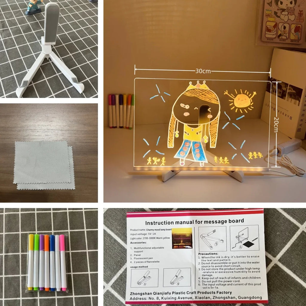 USB LED Acrylic Message Board Night Light with 7 Color Marker Pens — Rewritable Glowing Writing & Drawing Board for Home, Office & School - PhishStones Products