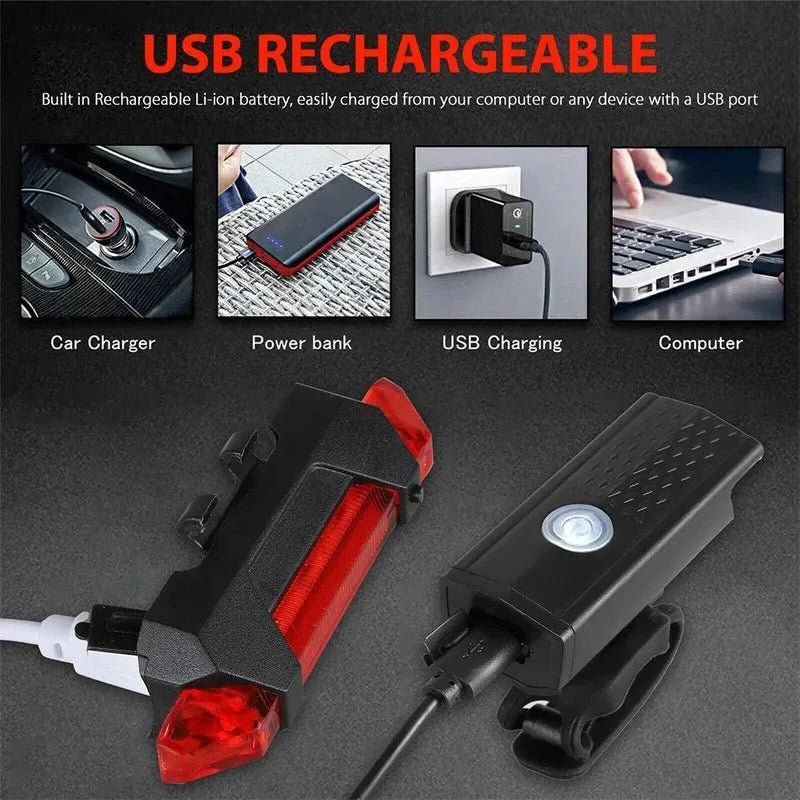 USB Rechargeable Bicycle LED Light Set – Front and Rear Lights for Riding Safety - PhishStones Products
