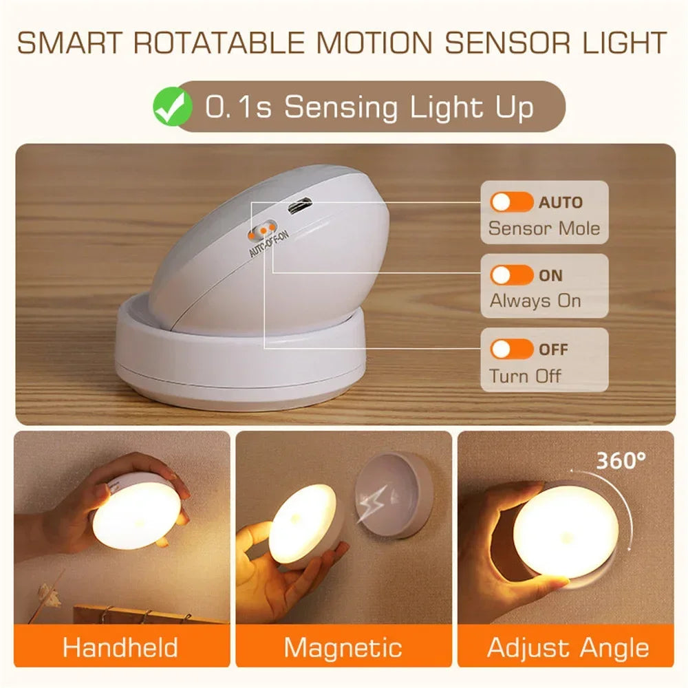 USB Rechargeable LED Motion Sensor Night Light – Magnetic 360° Rotating for Closet, Wardrobe, Cabinet, Bedside - PhishStones Products