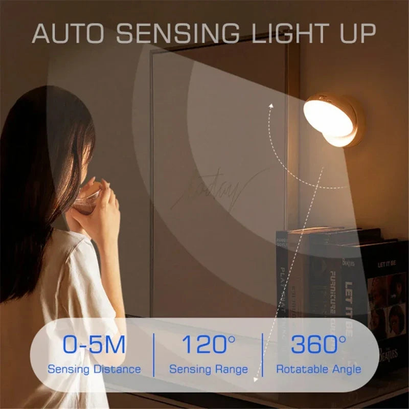 USB Rechargeable LED Motion Sensor Night Light – Magnetic 360° Rotating for Closet, Wardrobe, Cabinet, Bedside - PhishStones Products