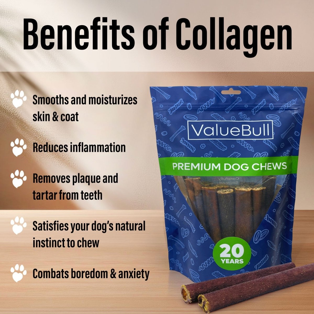 ValueBull Collagen Sticks for Dogs, 6 Inch Medium Chews, Natural Long-Lasting Dog Treats, 50 Count