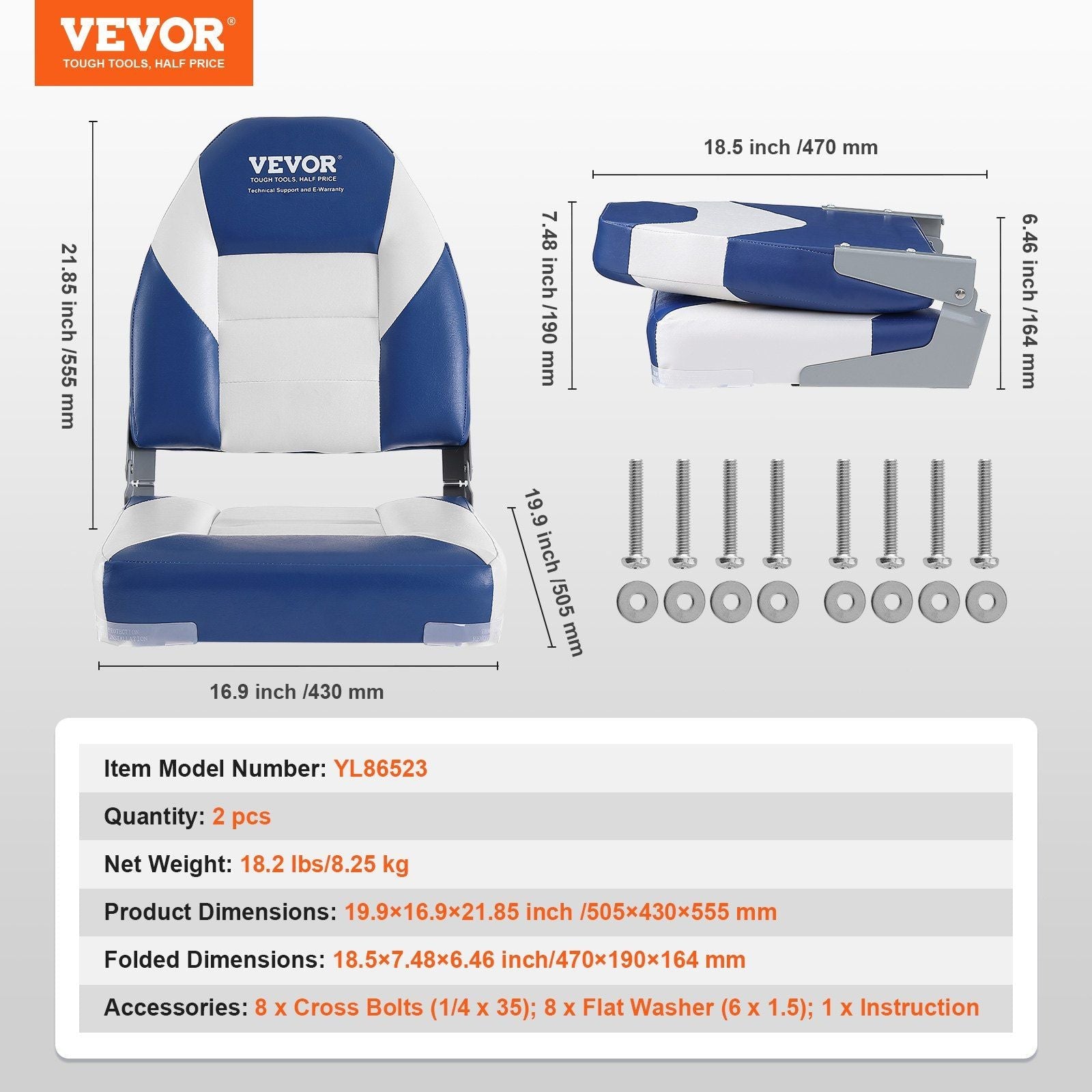 VEVOR Boat Seats, 21.85" High Back Boat Seat, Folding Boat Chair with Thickened Sponge Padding and Hinge, Fold - Down Boat Captain Chairs for Fishing Boat, Sightseeing Boat, Speedboat, Canoe, 2 - Pack - PhishStones Products