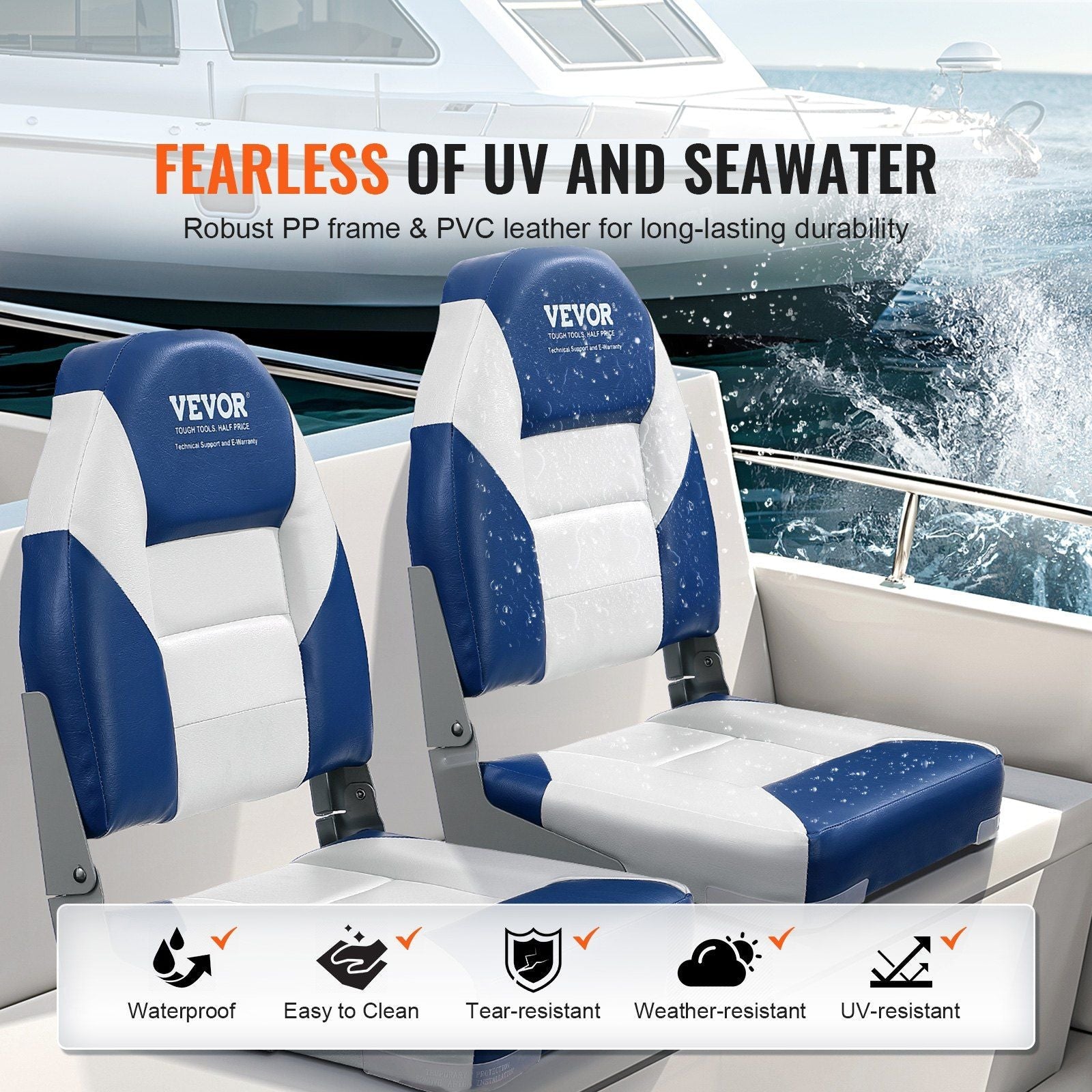 VEVOR Boat Seats, 21.85" High Back Boat Seat, Folding Boat Chair with Thickened Sponge Padding and Hinge, Fold - Down Boat Captain Chairs for Fishing Boat, Sightseeing Boat, Speedboat, Canoe, 2 - Pack - PhishStones Products
