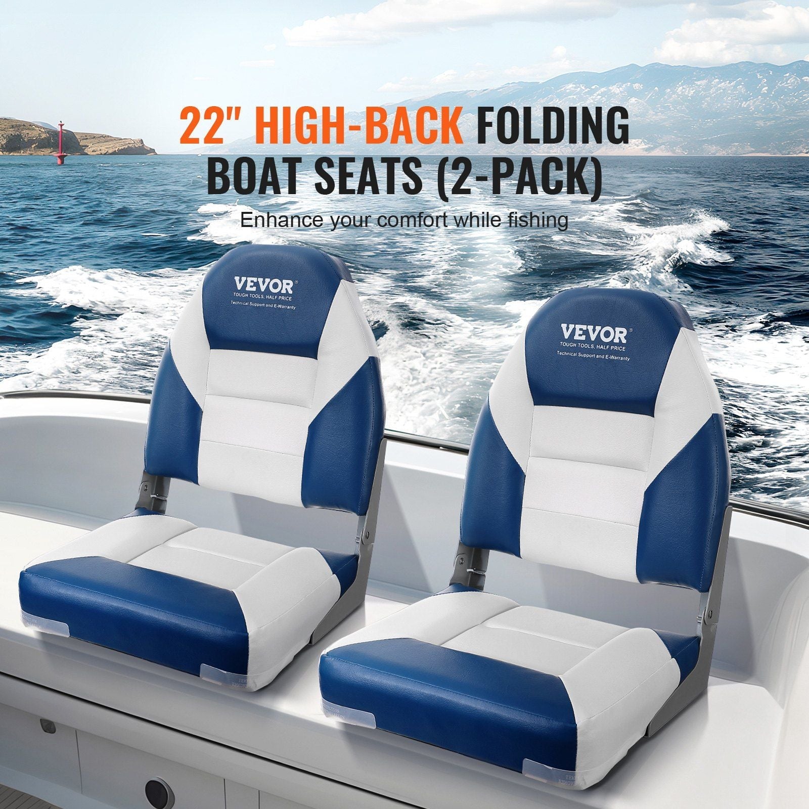 VEVOR Boat Seats, 21.85" High Back Boat Seat, Folding Boat Chair with Thickened Sponge Padding and Hinge, Fold - Down Boat Captain Chairs for Fishing Boat, Sightseeing Boat, Speedboat, Canoe, 2 - Pack - PhishStones Products