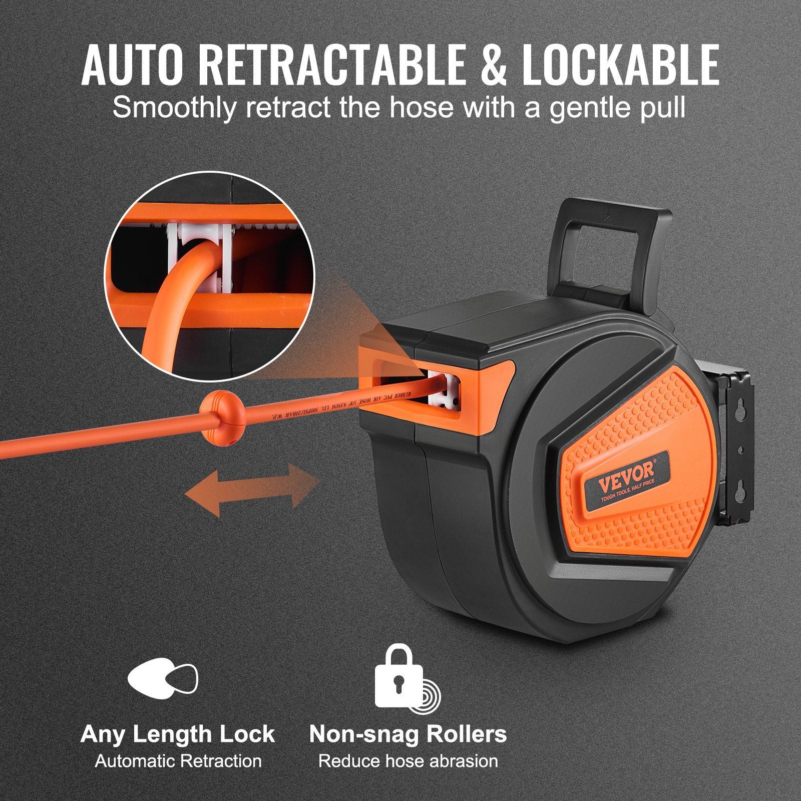 VEVOR Retractable Air Hose Reel, 3/8 IN x 50 FT Hybrid Air Hose Max 300PSI, Air Compressor Hose Reel with 5 ft Lead in, Ceiling / Wall Mount Enclosed Air Reel, 180° Swivel Mount - PhishStones Products