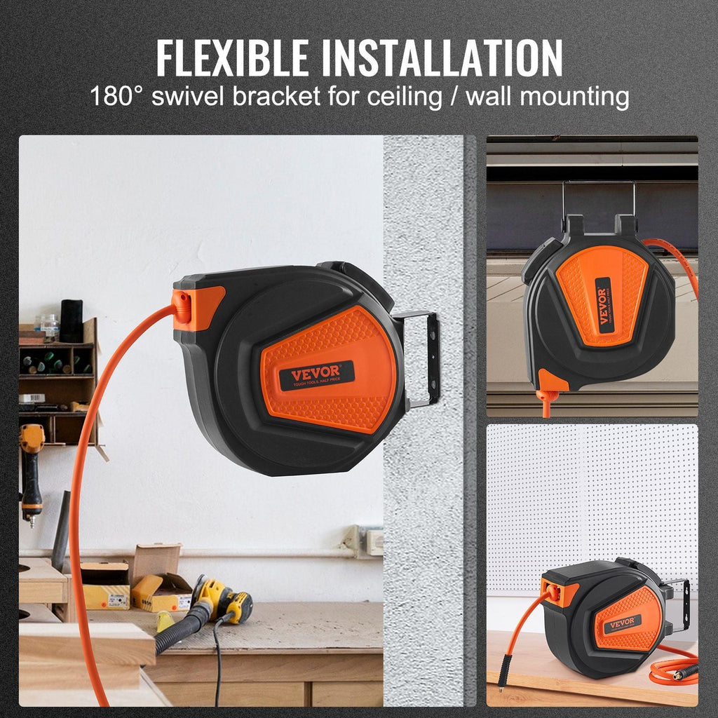VEVOR Retractable Air Hose Reel, 3/8 IN x 50 FT Hybrid Air Hose Max 300PSI, Air Compressor Hose Reel with 5 ft Lead in, Ceiling / Wall Mount Enclosed Air Reel, 180° Swivel Mount - PhishStones Products
