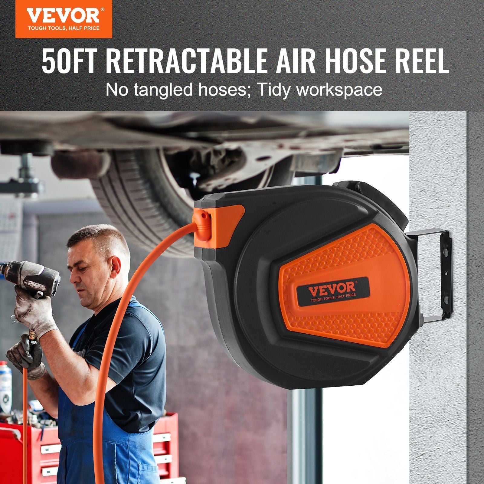 VEVOR Retractable Air Hose Reel, 3/8 IN x 50 FT Hybrid Air Hose Max 300PSI, Air Compressor Hose Reel with 5 ft Lead in, Ceiling / Wall Mount Enclosed Air Reel, 180° Swivel Mount - PhishStones Products