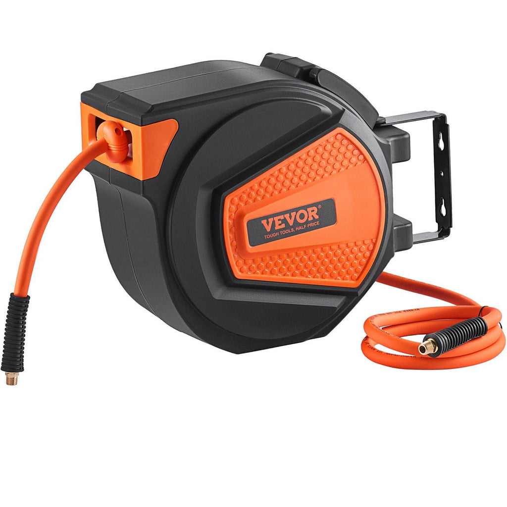 VEVOR Retractable Air Hose Reel, 3/8 IN x 50 FT Hybrid Air Hose Max 300PSI, Air Compressor Hose Reel with 5 ft Lead in, Ceiling / Wall Mount Enclosed Air Reel, 180° Swivel Mount - PhishStones Products