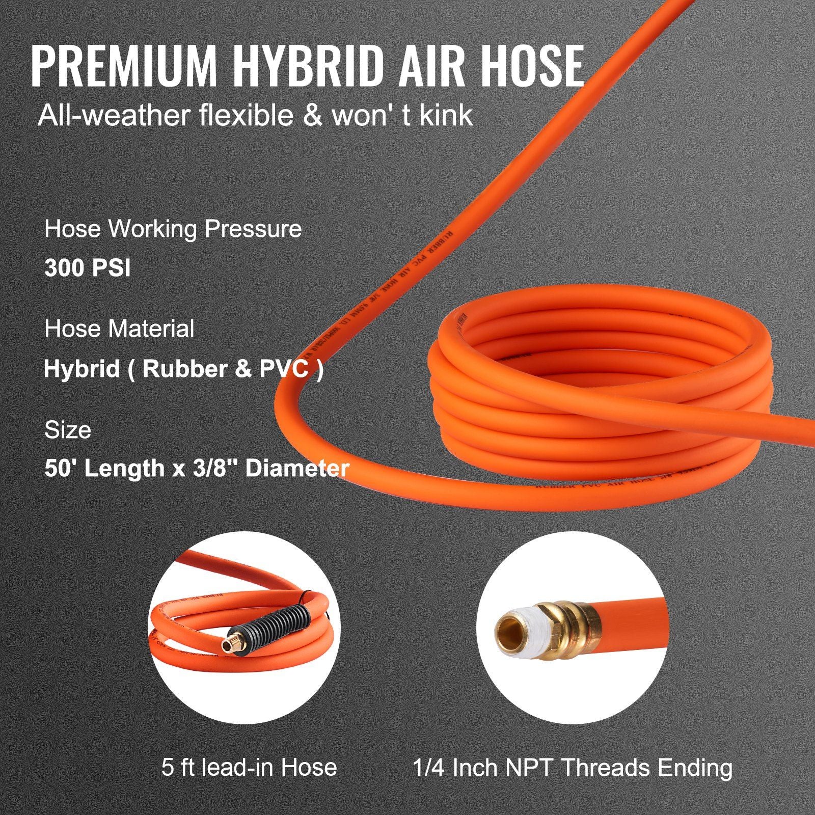 VEVOR Retractable Air Hose Reel, 3/8 IN x 50 FT Hybrid Air Hose Max 300PSI, Air Compressor Hose Reel with 5 ft Lead in, Ceiling / Wall Mount Enclosed Air Reel, 180° Swivel Mount - PhishStones Products