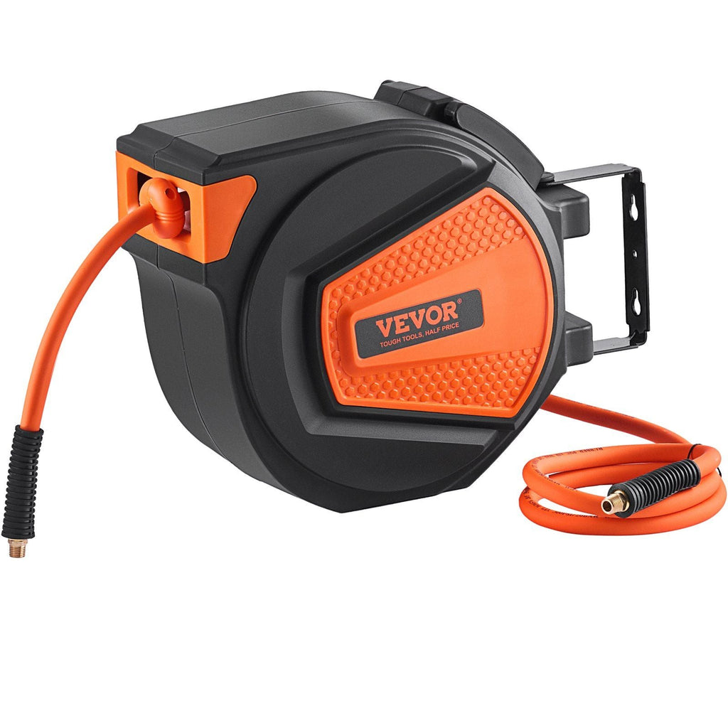 VEVOR Retractable Air Hose Reel, 3/8 IN x 50 FT Hybrid Air Hose Max 300PSI, Air Compressor Hose Reel with 5 ft Lead in, Ceiling / Wall Mount Enclosed Air Reel, 180° Swivel Mount - PhishStones Products