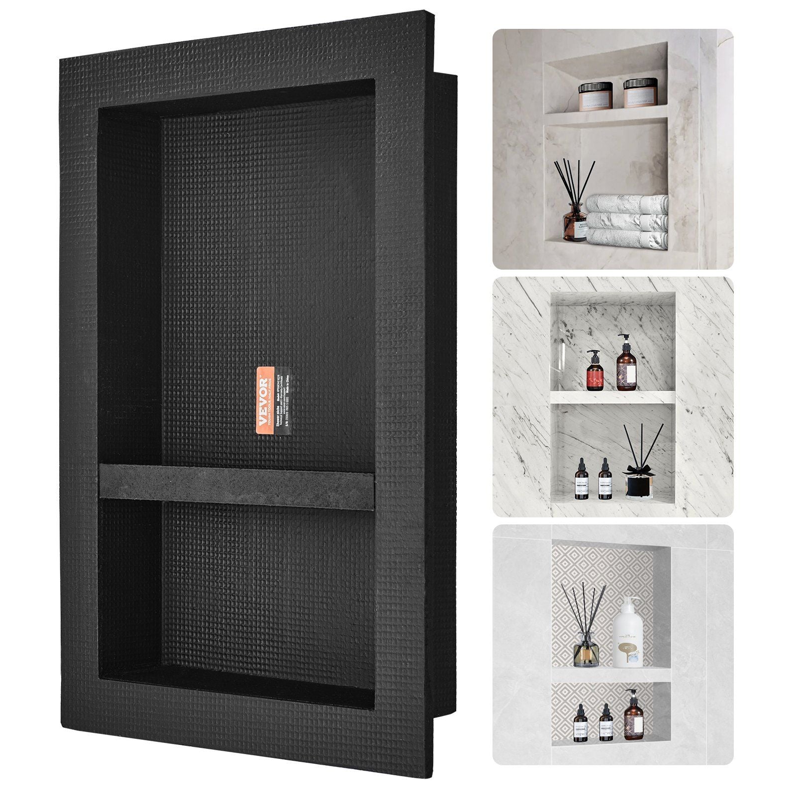 VEVOR Shower Niche Ready for Tile 16" x 24", Double Shelf Organizer, Square Corners Wall - inserted Niche Recessed, Sealed Protection Modern Soap Storage Niche for Shower Bathroom, Black - PhishStones Products