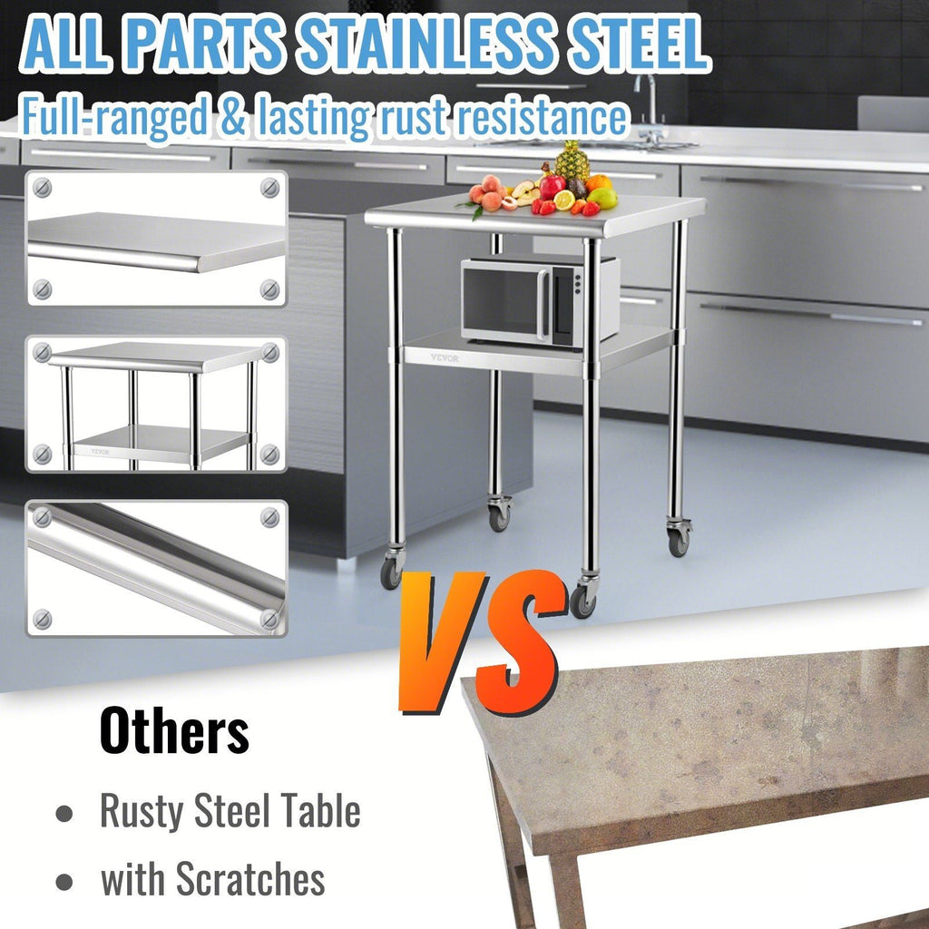 VEVOR Stainless Steel Prep Table, 24 x 24 x 36 Inch, 600lbs Load Capacity Heavy Duty Metal Worktable with Adjustable Undershelf & Universal Wheels, Commercial Workstation for Kitchen Garage Backyard - PhishStones Products