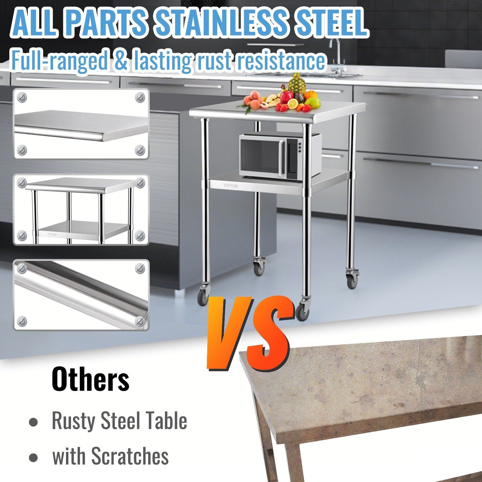 VEVOR Stainless Steel Prep Table, 24 x 24 x 36 Inch, 600lbs Load Capacity Heavy Duty Metal Worktable with Adjustable Undershelf & Universal Wheels, Commercial Workstation for Kitchen Garage Backyard - PhishStones Products