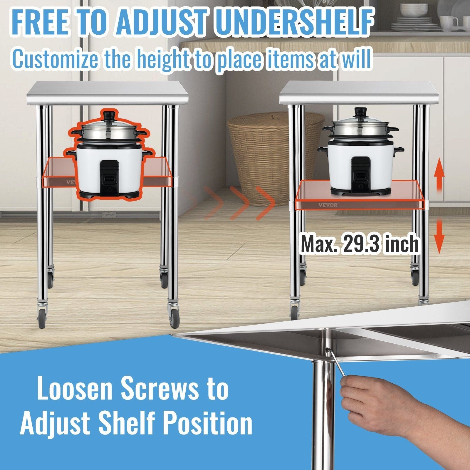 VEVOR Stainless Steel Prep Table, 24 x 24 x 36 Inch, 600lbs Load Capacity Heavy Duty Metal Worktable with Adjustable Undershelf & Universal Wheels, Commercial Workstation for Kitchen Garage Backyard - PhishStones Products