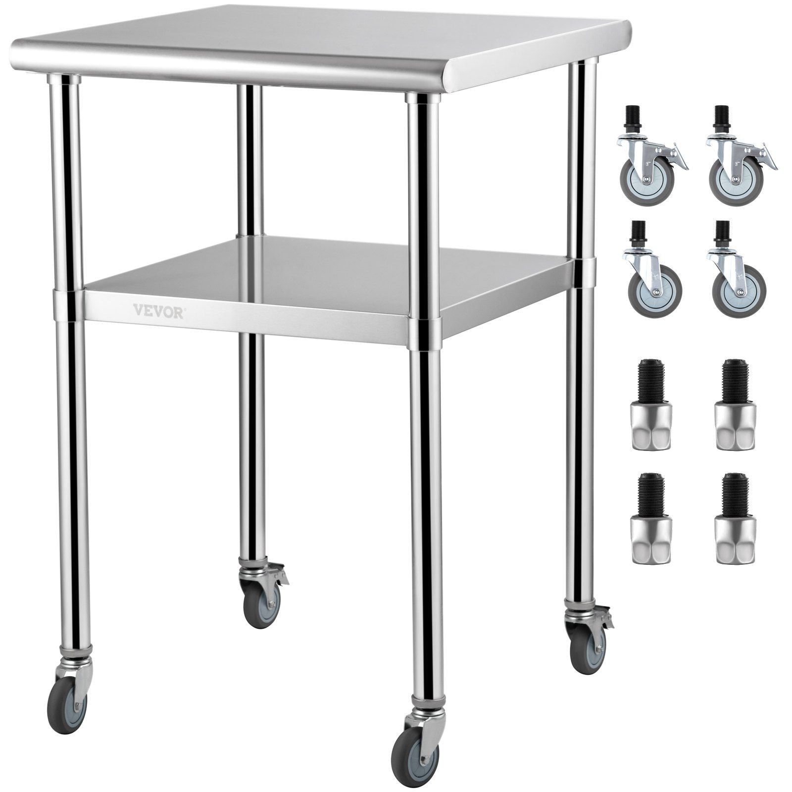 VEVOR Stainless Steel Prep Table, 24 x 24 x 36 Inch, 600lbs Load Capacity Heavy Duty Metal Worktable with Adjustable Undershelf & Universal Wheels, Commercial Workstation for Kitchen Garage Backyard - PhishStones Products