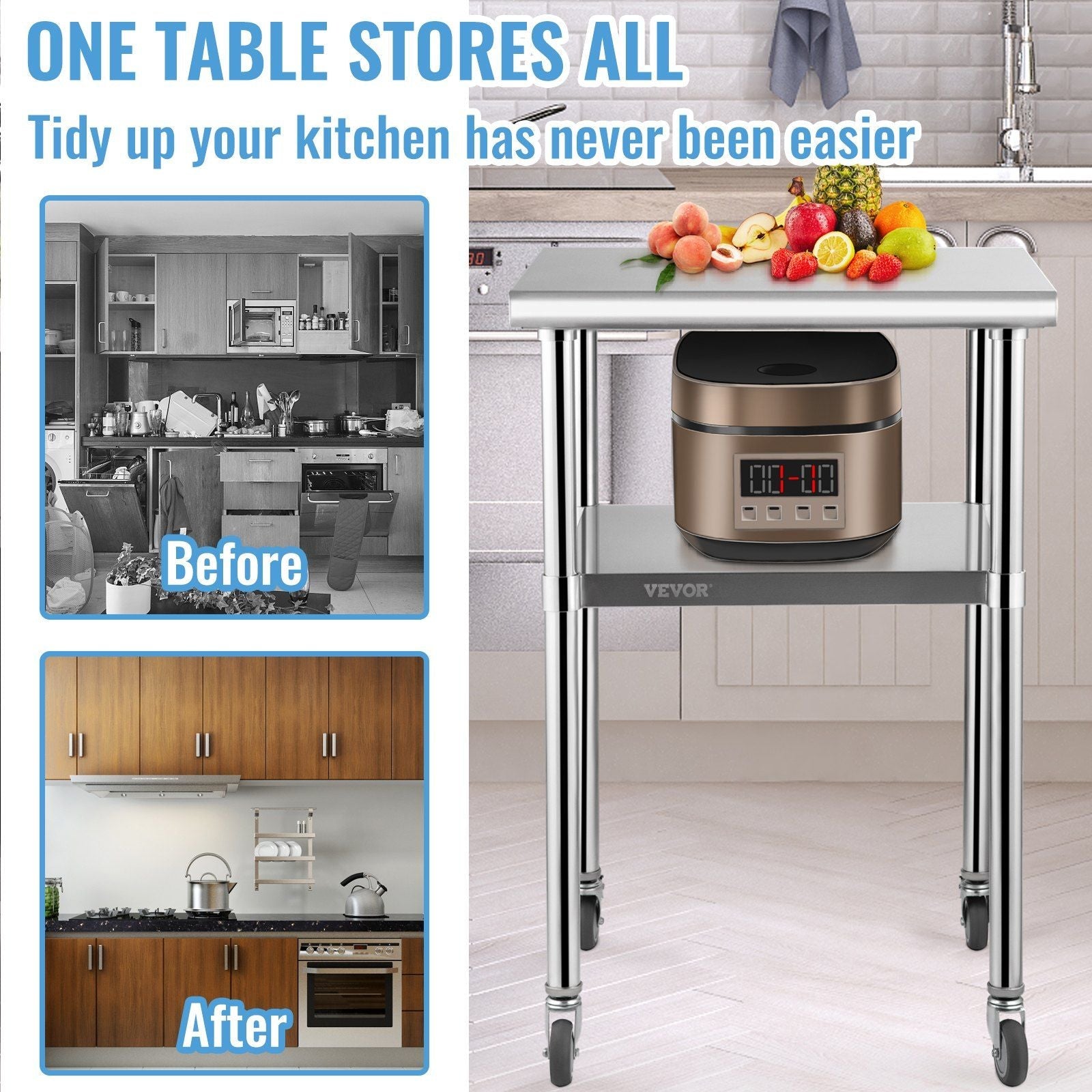 VEVOR Stainless Steel Prep Table, 24 x 24 x 36 Inch, 600lbs Load Capacity Heavy Duty Metal Worktable with Adjustable Undershelf & Universal Wheels, Commercial Workstation for Kitchen Garage Backyard - PhishStones Products
