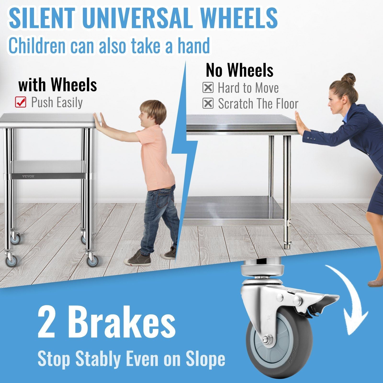 VEVOR Stainless Steel Prep Table, 24 x 24 x 36 Inch, 600lbs Load Capacity Heavy Duty Metal Worktable with Adjustable Undershelf & Universal Wheels, Commercial Workstation for Kitchen Garage Backyard - PhishStones Products