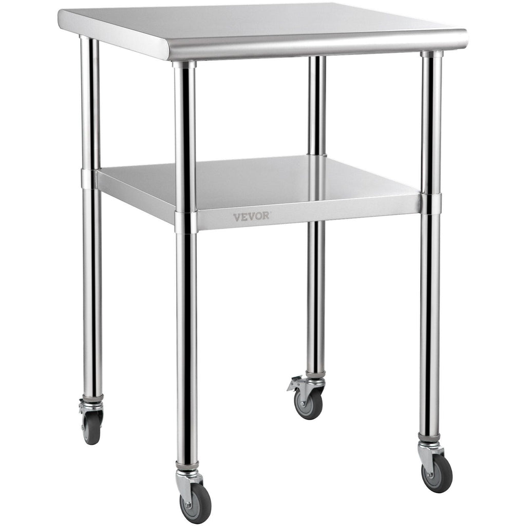 VEVOR Stainless Steel Prep Table, 24 x 24 x 36 Inch, 600lbs Load Capacity Heavy Duty Metal Worktable with Adjustable Undershelf & Universal Wheels, Commercial Workstation for Kitchen Garage Backyard - PhishStones Products