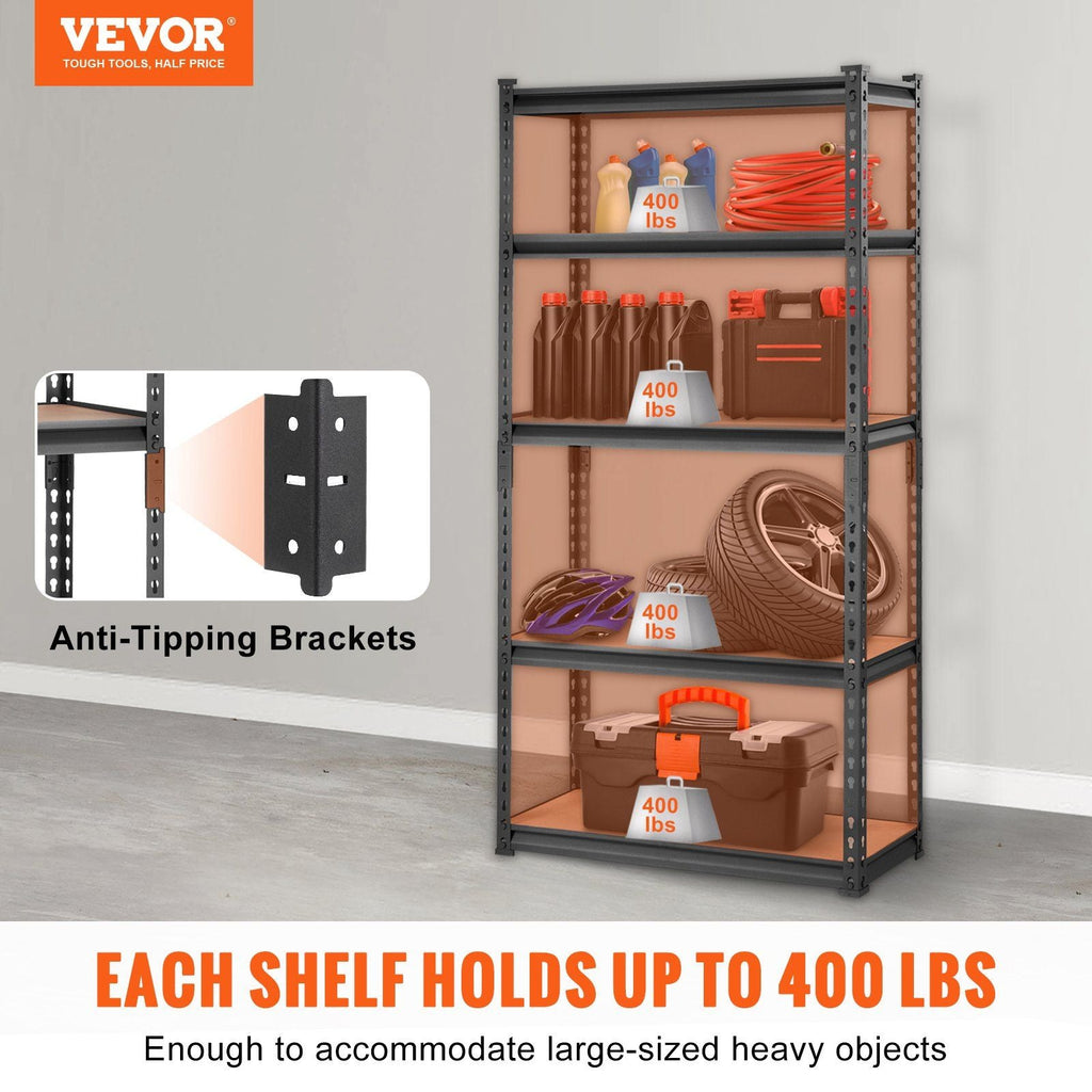 VEVOR Storage Shelving Unit, 5 - Tier Adjustable, 2000 lbs Capacity, Heavy Duty Garage Shelves Metal Organizer Utility Rack, Black, 30" L x 12" W x 60" H for Kitchen Pantry Basement Bathroom Laundry - PhishStones Products
