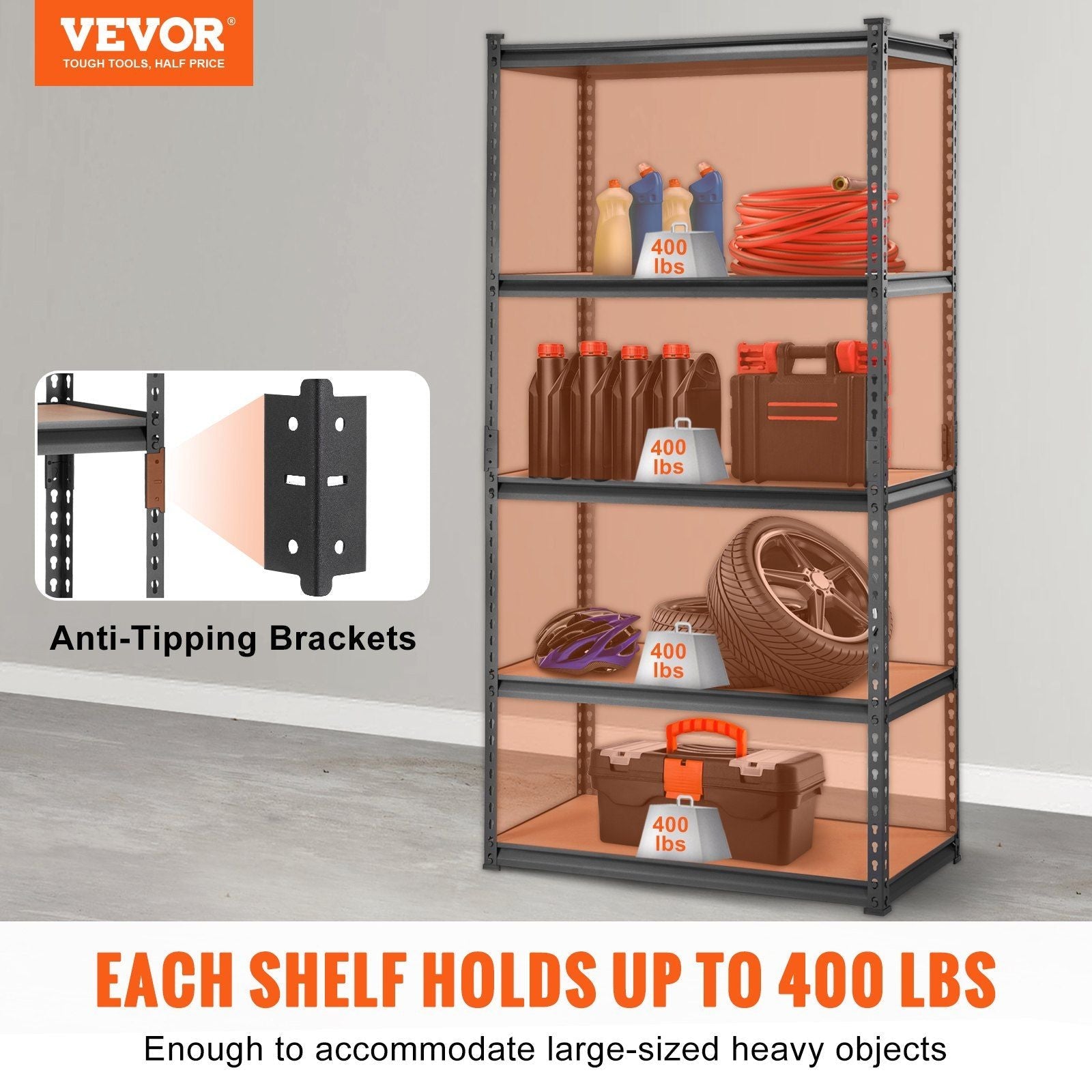 VEVOR Storage Shelving Unit, 5 - Tier Adjustable, 2000 lbs Capacity, Heavy Duty Garage Shelves Metal Organizer Utility Rack, Black, 36" L x 18" W x 72" H for Kitchen Pantry Basement Bathroom Laundry - PhishStones Products