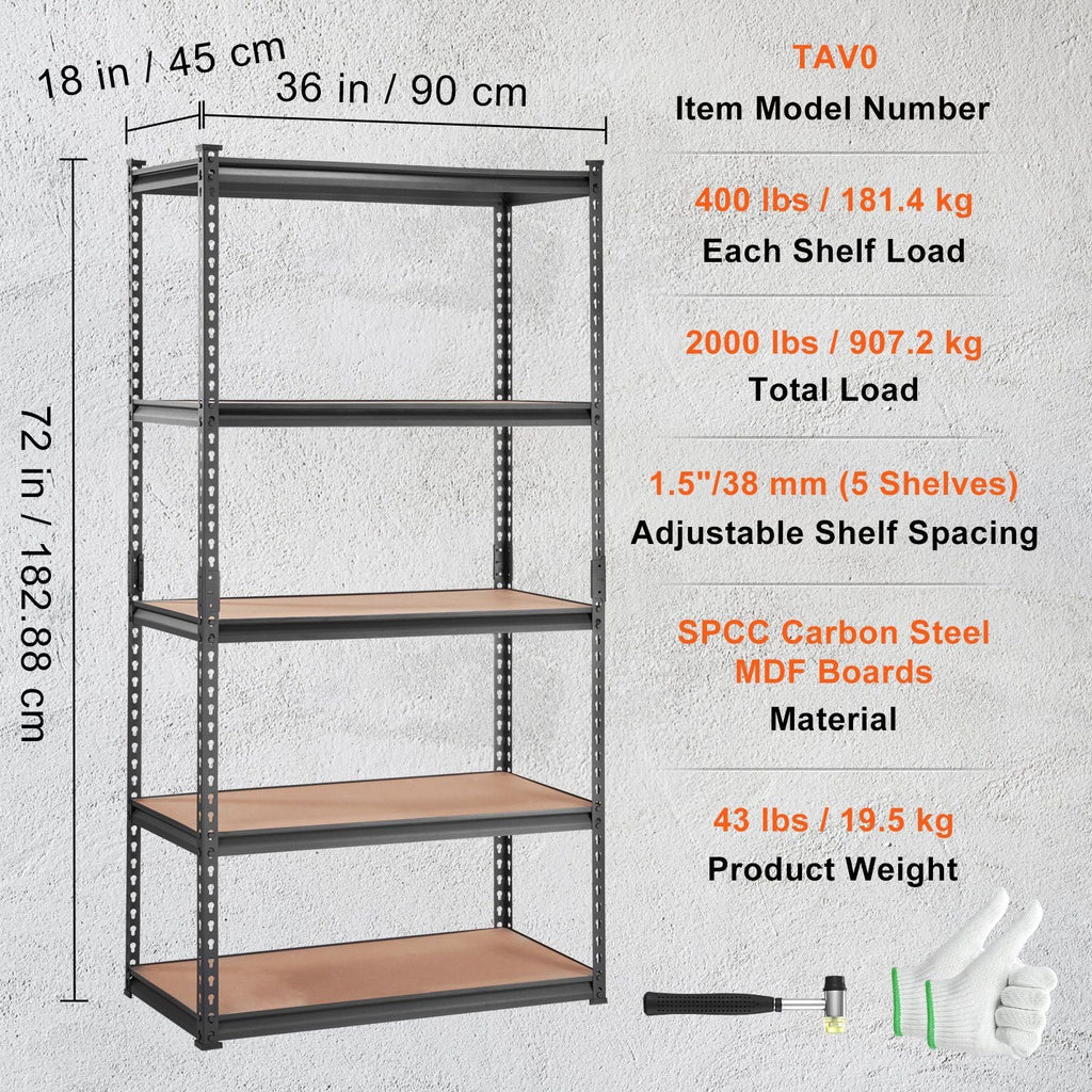 VEVOR Storage Shelving Unit, 5 - Tier Adjustable, 2000 lbs Capacity, Heavy Duty Garage Shelves Metal Organizer Utility Rack, Black, 36" L x 18" W x 72" H for Kitchen Pantry Basement Bathroom Laundry - PhishStones Products