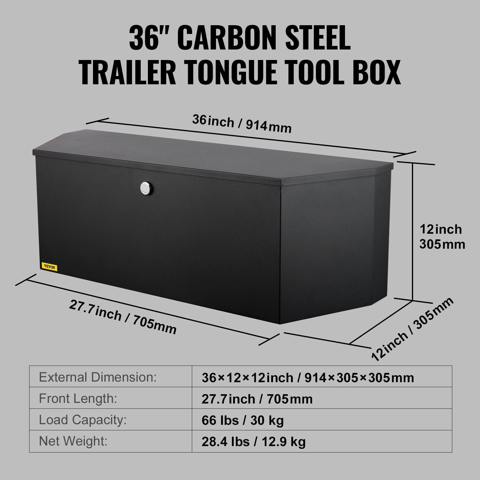 VEVOR Trailer Tongue Box, Carbon Steel Tongue Box Tool Chest, Heavy Duty Trailer Box Storage with Lock and Keys, Utility Trailer Tongue Tool Box for Pickup Truck Bed, RV Trailer, 36"x12"x12" - PhishStones Products