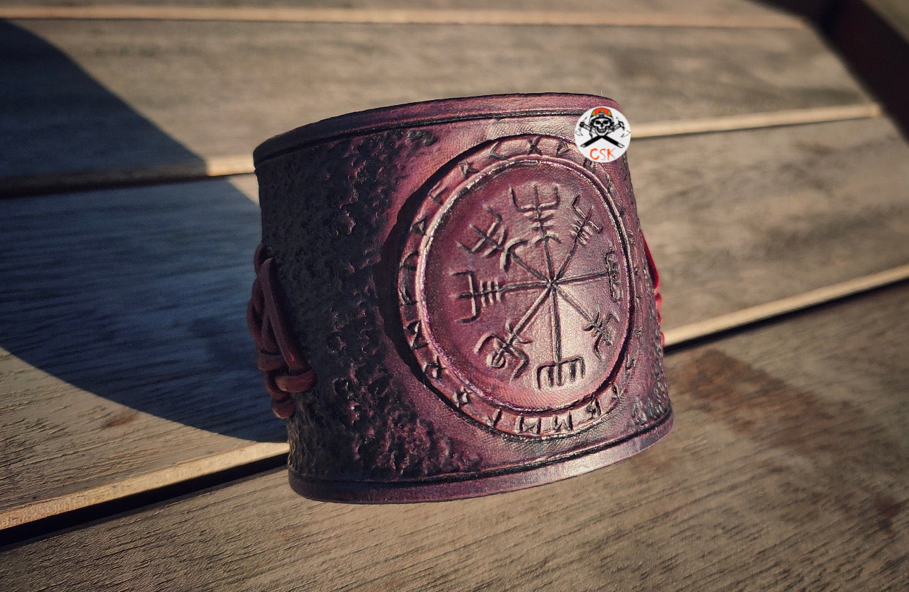 Viking Vegvisir Valknut Leather Cuff, Hand Tooled Carving - Engraving Antic Purple Wide Bracelet - PhishStones Products