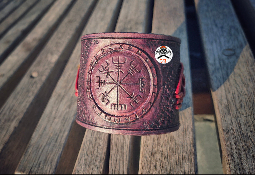 Viking Vegvisir Valknut Leather Cuff, Hand Tooled Carving - Engraving Antic Purple Wide Bracelet - PhishStones Products