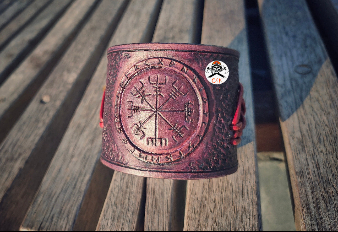 Viking Vegvisir Valknut Leather Cuff, Hand Tooled Carving - Engraving Antic Purple Wide Bracelet - PhishStones Products