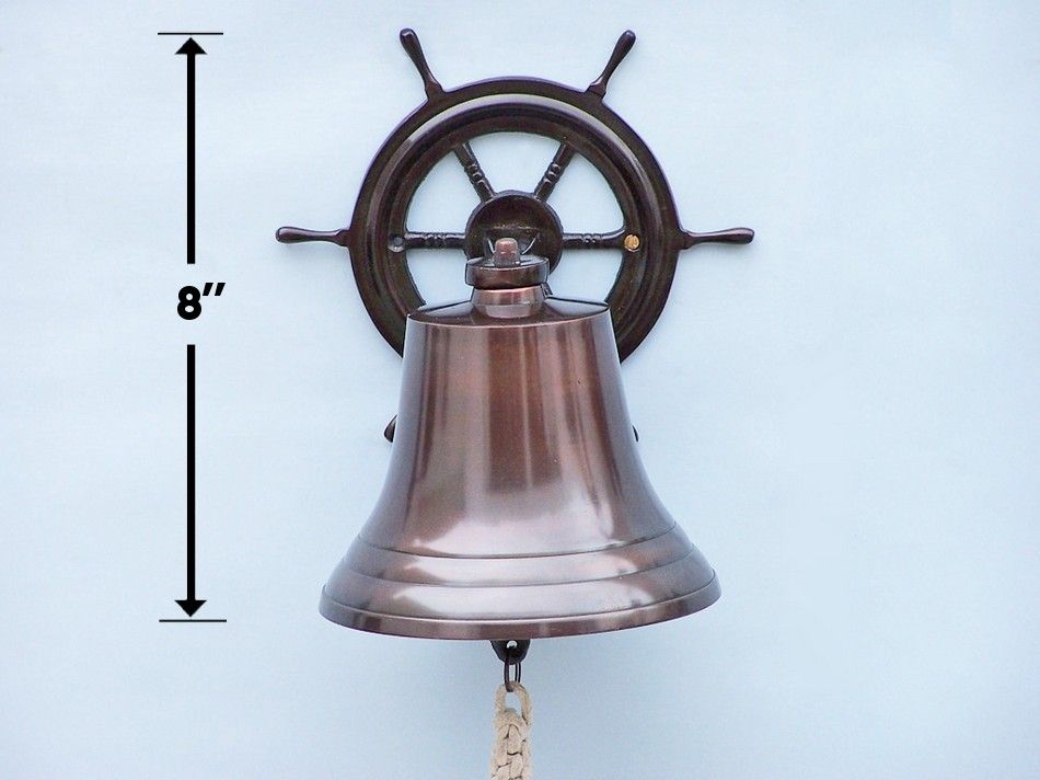 Antique Copper Hanging Ship Wheel Bell 8""