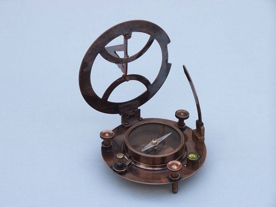 Antique Copper Round Sundial Compass with Rosewood Box 6""