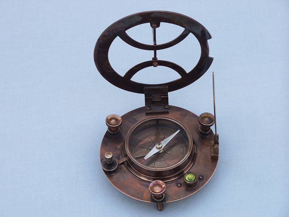 Antique Copper Round Sundial Compass with Rosewood Box 6""