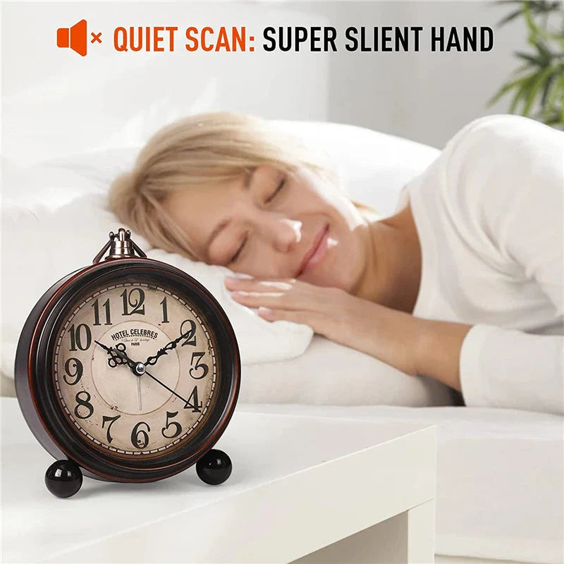 Vintage Hangable Battery Alarm Clock Metal Night Light Super Silent Table Desk Quartz Clock Time For Bedroom Bedside Desk Shelf - PhishStones Products