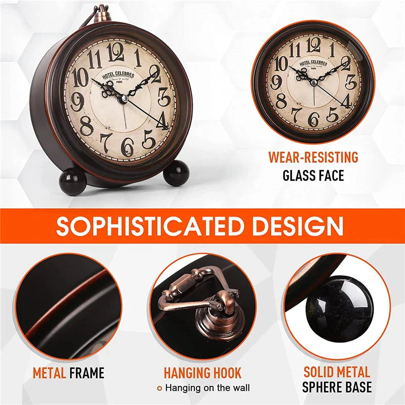 Vintage Hangable Battery Alarm Clock Metal Night Light Super Silent Table Desk Quartz Clock Time For Bedroom Bedside Desk Shelf - PhishStones Products