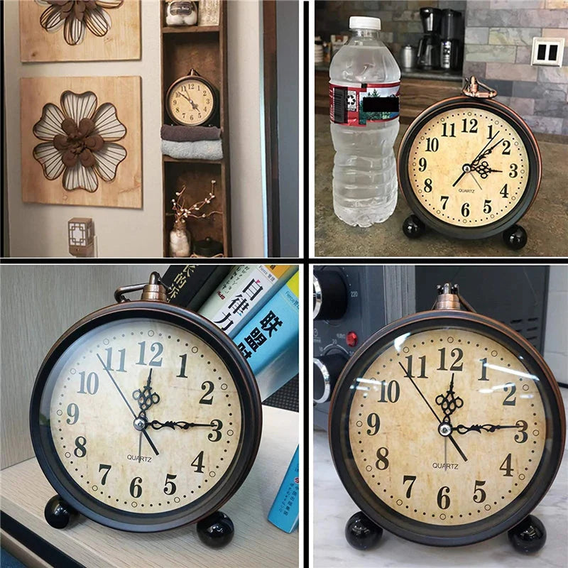 Vintage Hangable Battery Alarm Clock Metal Night Light Super Silent Table Desk Quartz Clock Time For Bedroom Bedside Desk Shelf - PhishStones Products