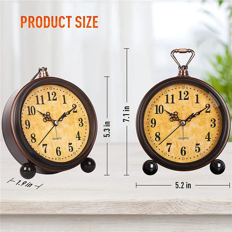 Vintage Hangable Battery Alarm Clock Metal Night Light Super Silent Table Desk Quartz Clock Time For Bedroom Bedside Desk Shelf - PhishStones Products