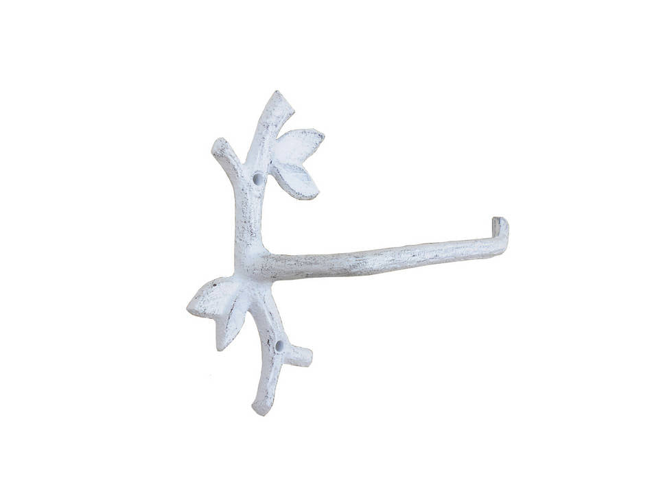 Whitewashed Cast Iron Leaf Branch Toilet Paper Holder 9""