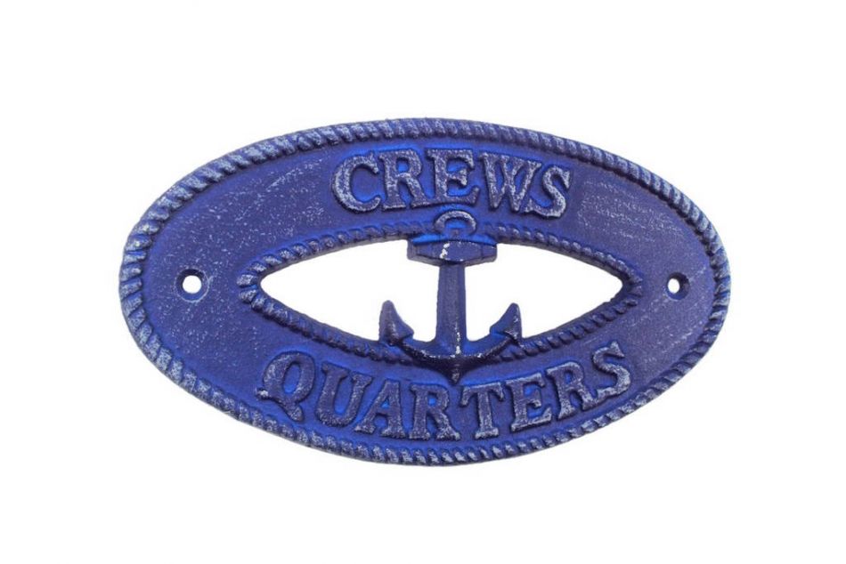 Rustic Dark Blue Cast Iron Crews Quarters with Anchor Sign 8""