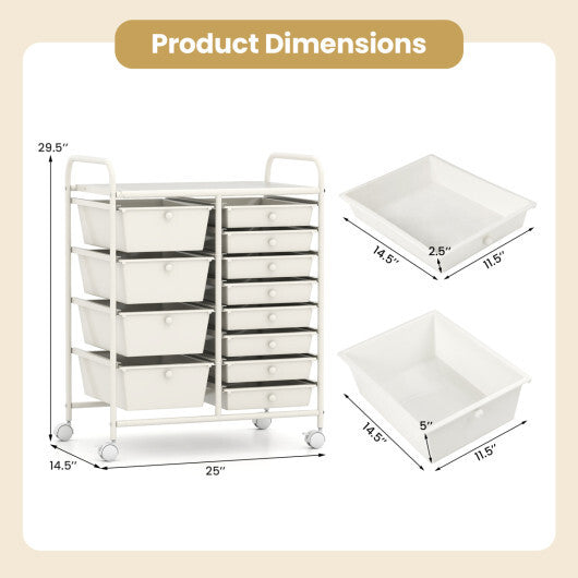 12-Drawer Utility Rolling Cart with Drawers Multi-Use Storage-White